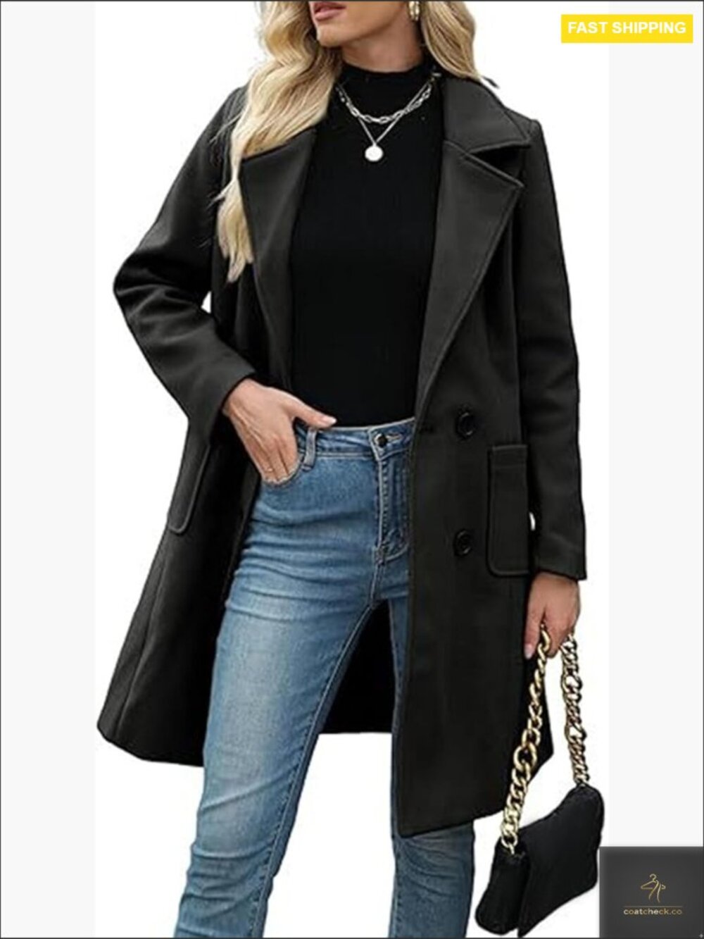 Wool Blend Pea Coat Double Breasted Notch Lapel Elegant Winter Overcoat